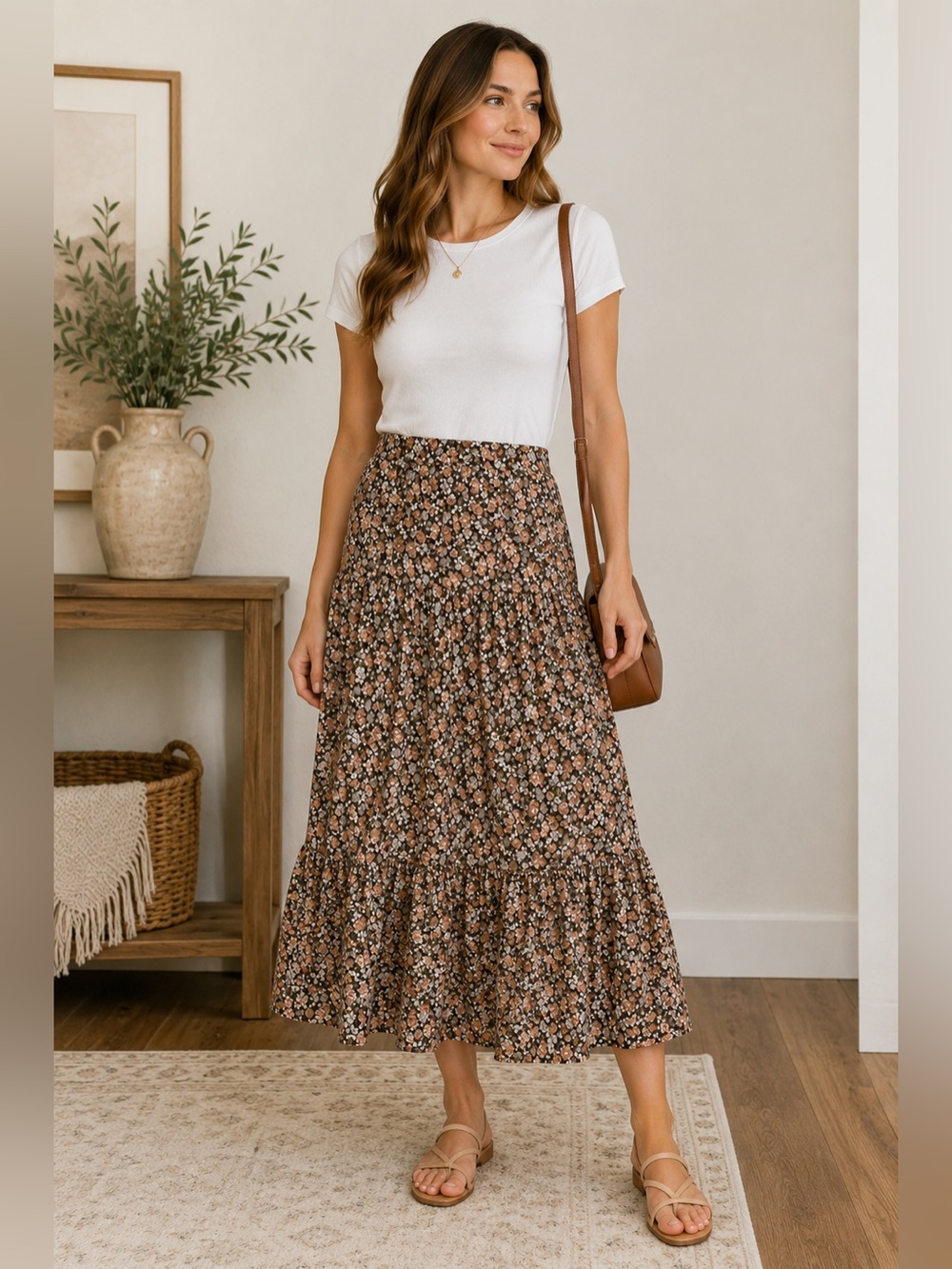 MVN The Label Brown Floral Tiered Skirt Boho Cottagecore Womens Size 6 maxi